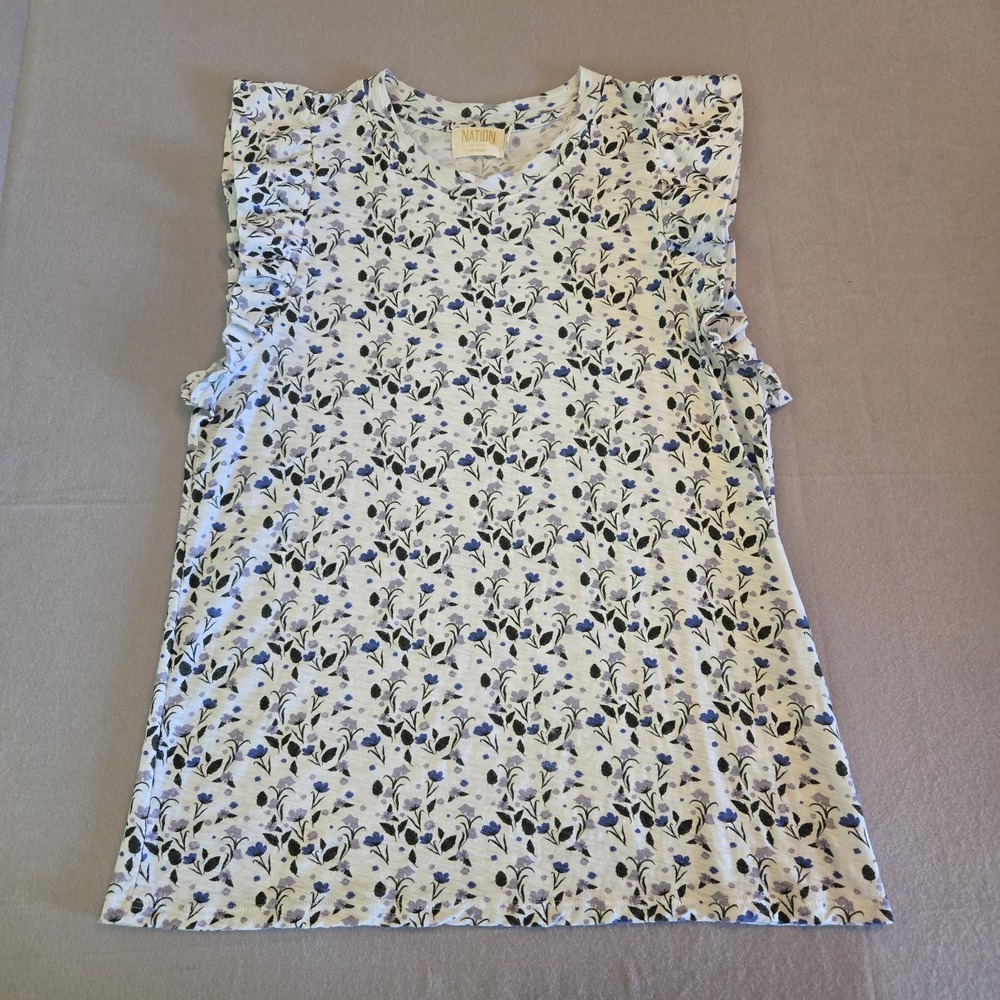 Nation LTD‎ 100% Pima Cotton Ruffle Sleeve Jersey Top T Shirt Floral Large